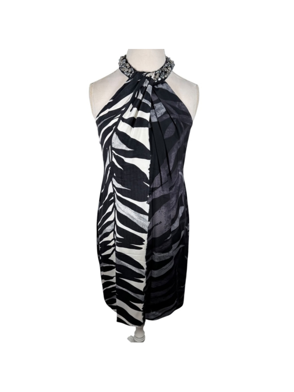 Carmen Marc Valvo Bead Halter Silk Dress Tropical Print Evening Cocktail Size 10 - Picture 2 of 12